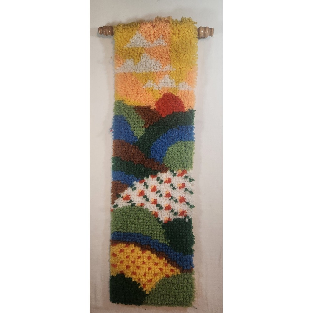 Vintage Latch Hook Wall Hanging Rolling Hills Landscape Sunset Boho Fiber Art